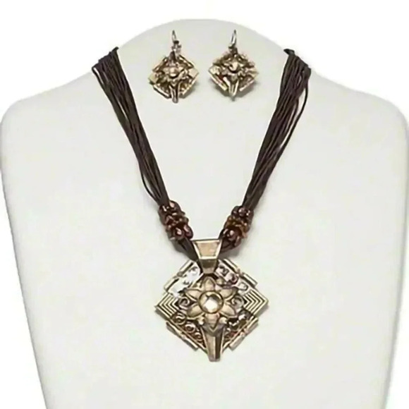 Art Deco Diamond Shape Necklace Earrings Set Antiqued Brass Multi - Picture 1 of 1